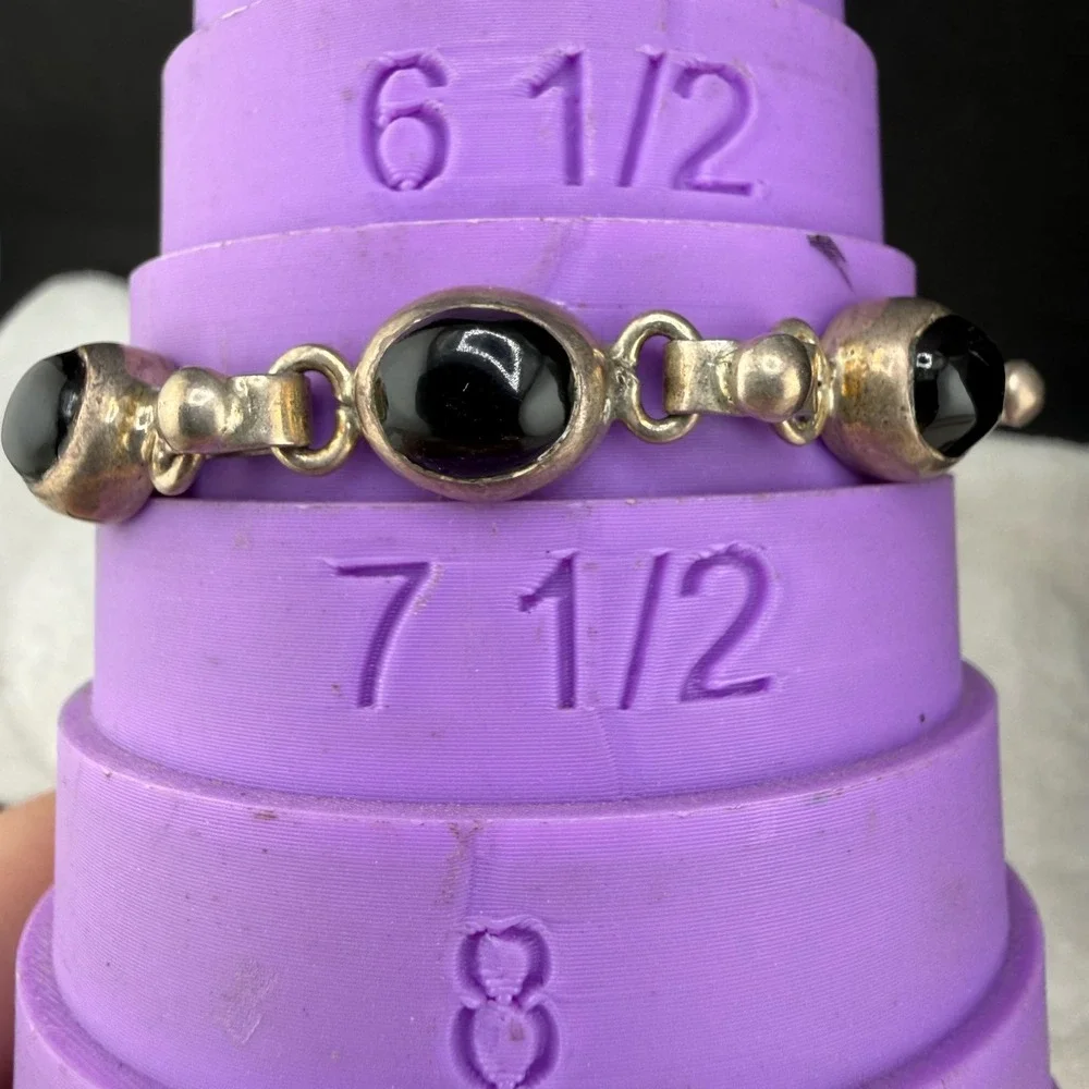Vintage Taxco Mexico Sterling Silver Bracelet Black Onyx Link 7.5in